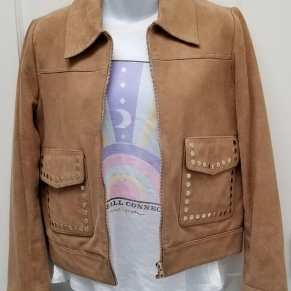 Sandro Paris Tan Patriote Studded Pockets Suede Leather Jacket Size 2 or Medium - Picture 5 of 11